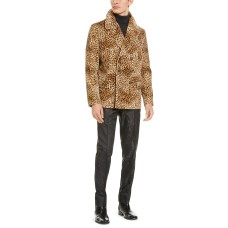 Tallia Men’s Slim-Fit Cheetah Print Velvet Double Breasted Peacoat, Black/Tan, XL