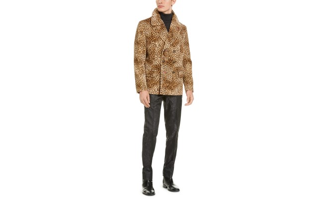  Men’s Slim-Fit Cheetah Print Velvet Double Breasted Peacoat, Black/Tan, XL