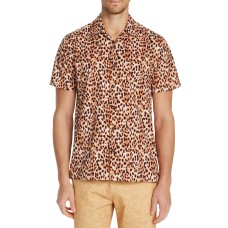 Tallia Men’s Slim-Fit Performance Stretch Cheetah Short Sleeve Camp Shirt, Brown, M