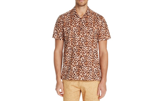  Men’s Slim-Fit Performance Stretch Cheetah Short Sleeve Camp Shirt, Brown, M