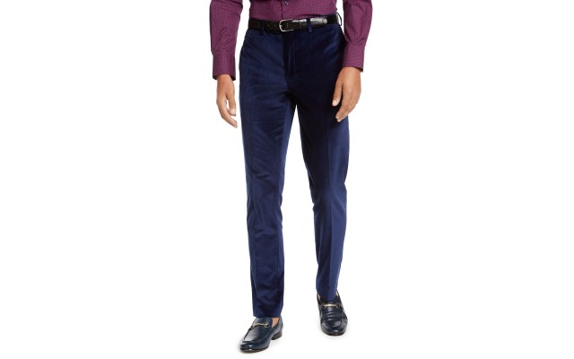  Orange Men’s Slim-Fit Blue Velvet Suit Pants (Navy, 38×32)