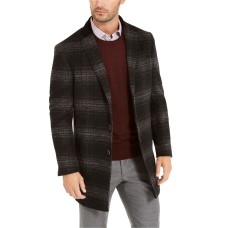 Tallia Orange Men’s Slim-Fit Windowpane Plaid Overcoat, Gray, 2XL