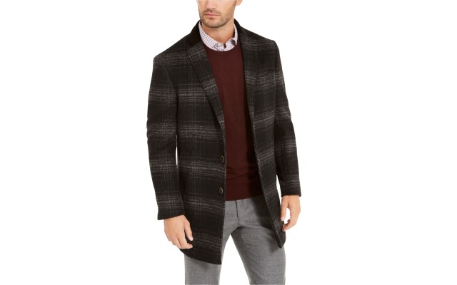  Orange Men’s Slim-Fit Windowpane Plaid Overcoat, Gray, 2XL