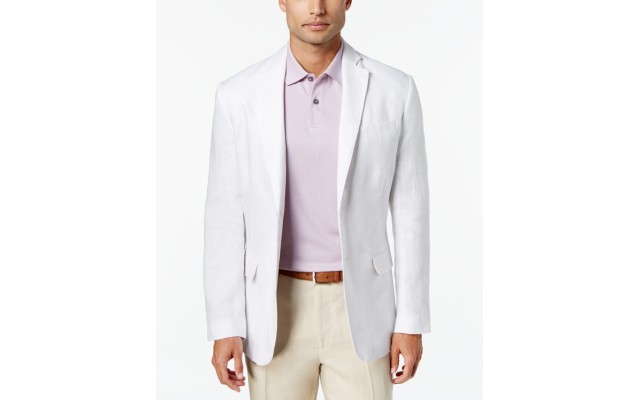  Men's 100% Linen 2-Button Blazer, White, Medium