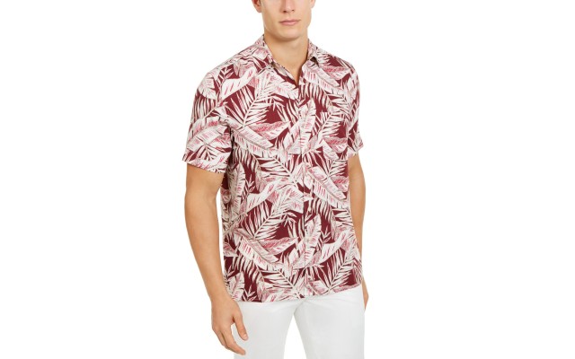  Men’s Amera Leaf-Print Shirts (Red, XL)
