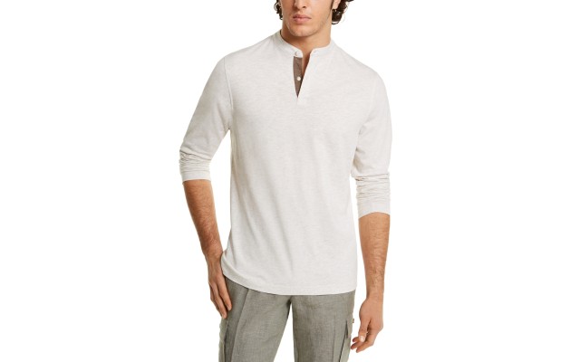  Men’s Banded Collar Long Sleeve Henley Shirts (Bone Heather, L)