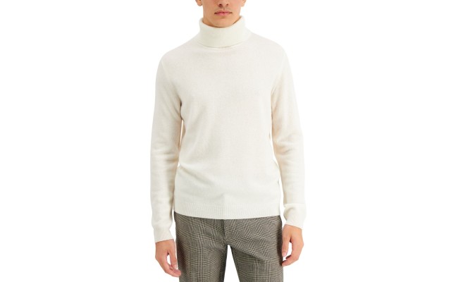  Men’s Cashmere Turtleneck Sweater, White, X-Large