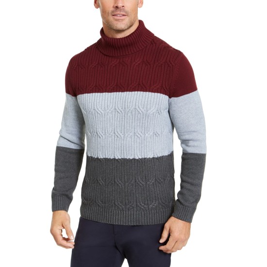  Men’s Chunky Cable-Knit Colorblocked Turtleneck Sweater (Red, S)