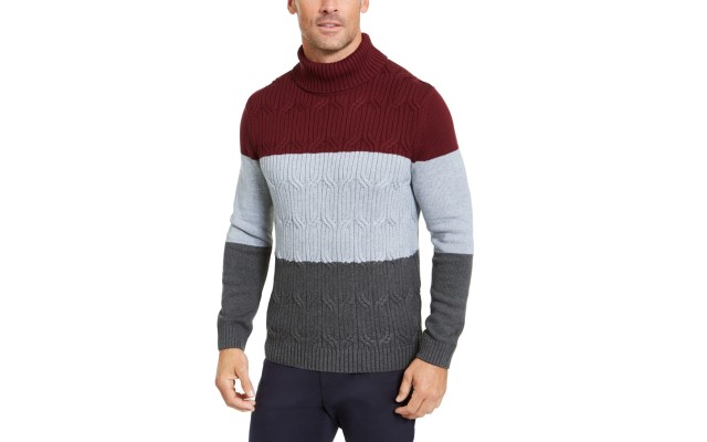  Men’s Chunky Cable-Knit Colorblocked Turtleneck Sweater (Red, S)