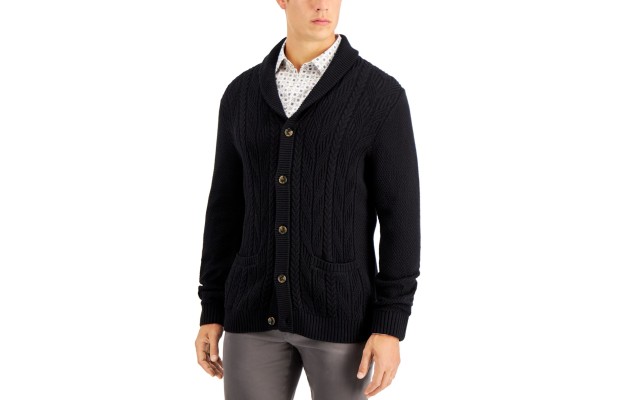 Men’s Chunky Shawl-Collar Cardigan Sweater (Black, Medium)