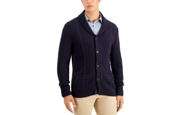  Men’s Chunky Shawl-Collar Cardigan Sweater (Dark Blue, Medium)