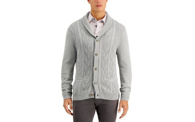  Men’s Chunky Shawl-Collar Cardigan Sweater (Gray, Small)