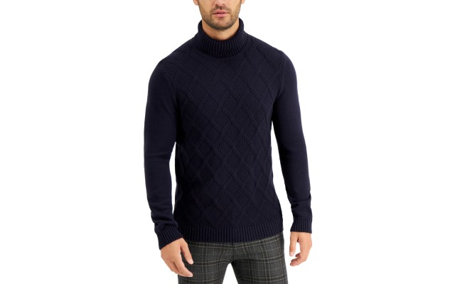  Mens Chunky Turtleneck Sweater, Dark Blue, Medium