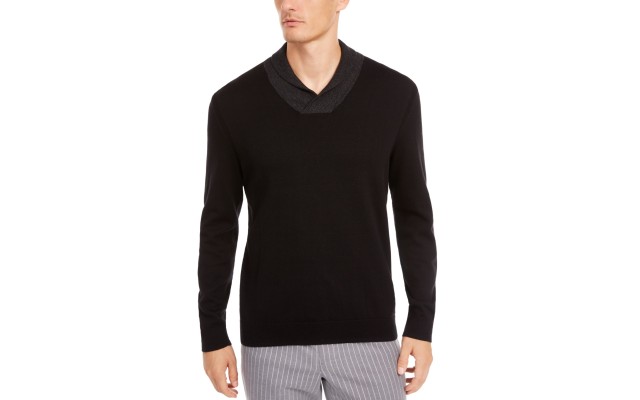  Men’s Contrast Shawl-Collar Supima Cotton Sweater(Black, 2XL)