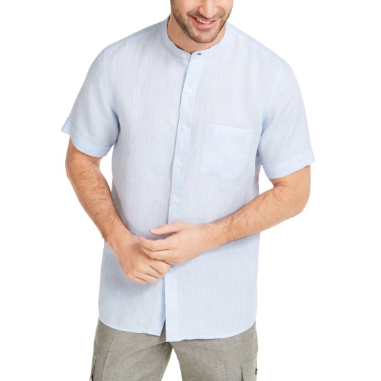  Men's Crossdye Linen Woven Short-Sleeve Shirt, Pastel Blue, Large