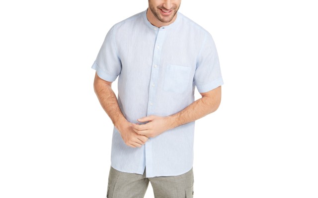  Men's Crossdye Linen Woven Short-Sleeve Shirt, Pastel Blue, Large