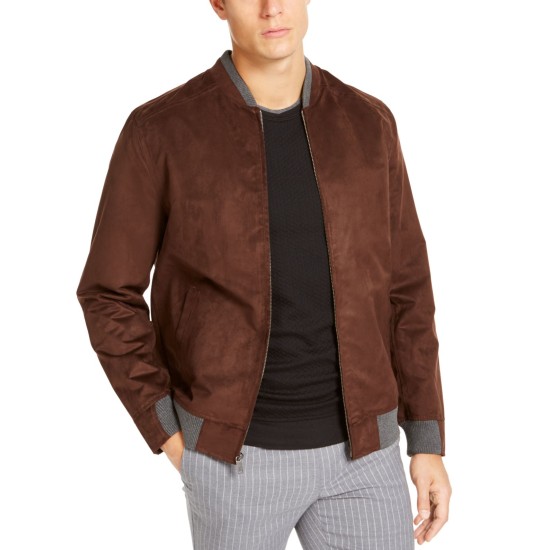  Men’s Faux Suede Bomber Jacket, Brown, S