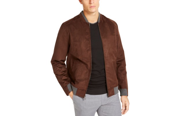  Men’s Faux Suede Bomber Jacket, Brown, S