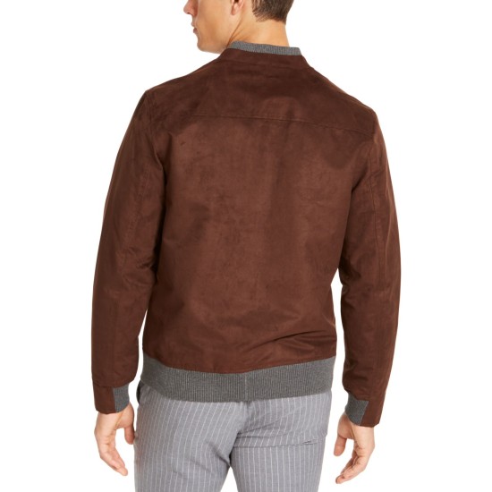  Men’s Faux Suede Bomber Jacket, Brown, S