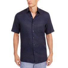 Tasso Elba Men’s Geo-Print Linen Shirt (Navy, Small)