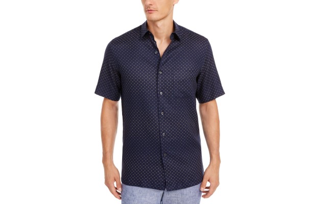 Men’s Geo-Print Linen Shirt (Navy, Small)