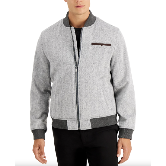  Men’s Herringbone Bomber Jacket (Gray, L)