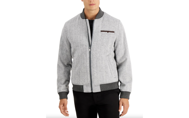  Men’s Herringbone Bomber Jacket (Gray, L)