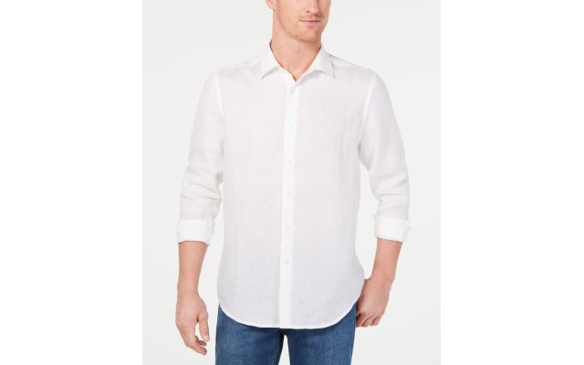  Men’s Long-Sleeve Linen Shirt (White, Medium)