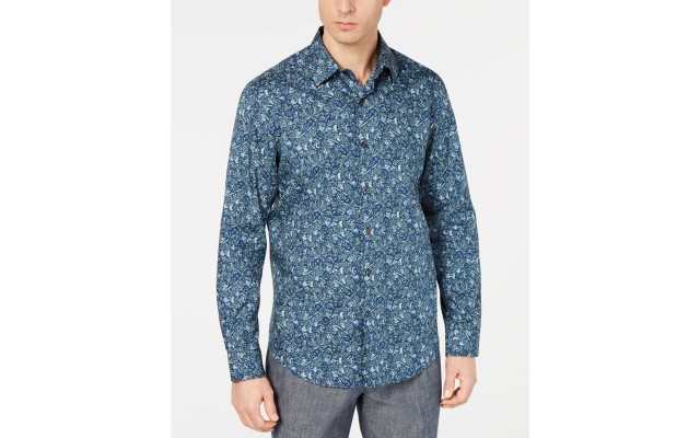 Men’s Paisley Cotton Button-Down Shirt (Navy, XXL)
