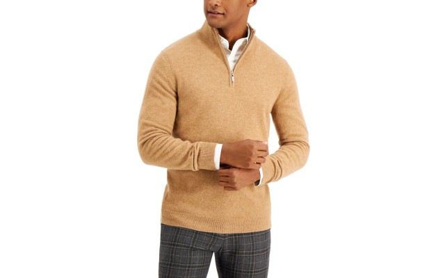  Men’s Quarter-Zip Cashmere Sweater (Beige, Small)