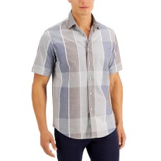 Tasso Elba Men’s Recinto Dobby Plaid Shirt (Brown, Small)