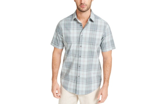  Men's Stretch Geo Plaid Shirt, Green, Large