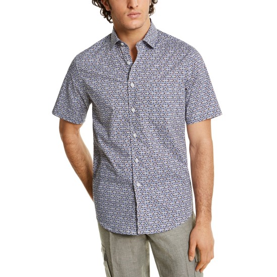  Men's Stretch Interitaly Circle Print Short-Sleeve Woven Shirt, Navy, Small