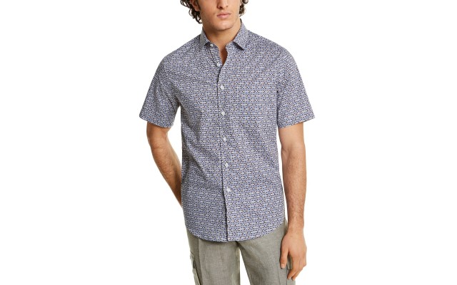  Men's Stretch Interitaly Circle Print Short-Sleeve Woven Shirt, Navy, Small