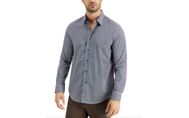  Men’s Stretch Medallion-Print Shirt (Navy, XL)