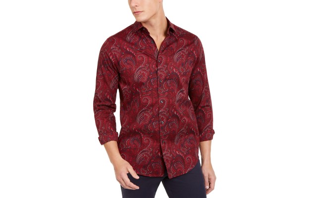  Men’s Stretch Paisley-Print Shirt, Red, Small