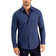 Tasso Elba Men’s Stretch Tile-Print Shirt (Small, Navy)