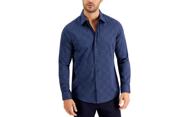  Men’s Stretch Tile-Print Shirt (Small, Navy)