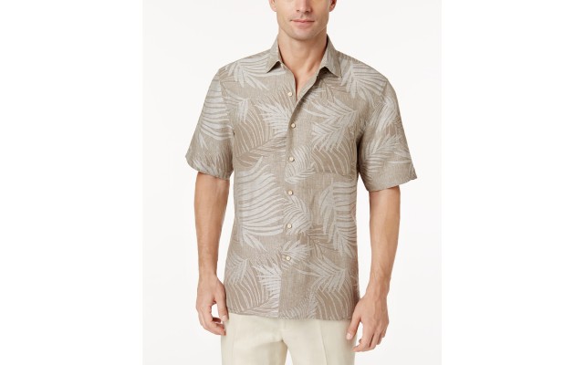  Tropical Print Silk Linen Blend Short-Sleeve Shirt, Beige, Small