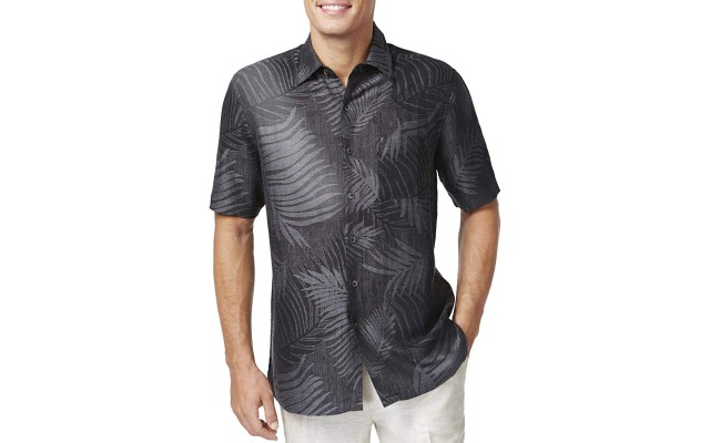  Tropical Print Silk Linen Blend Short-Sleeve Shirt, Black, Small