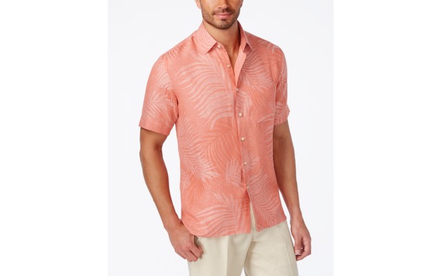  Tropical Print Silk Linen Blend Short-Sleeve Shirt, Bright Red, Small