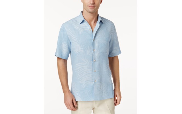  Tropical Print Silk Linen Blend Short-Sleeve Shirt, Pastel Blue, Medium
