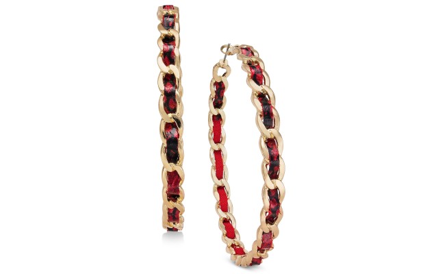  Gold-Tone Animal Print Woven Chain Hoop Earrings, Wine