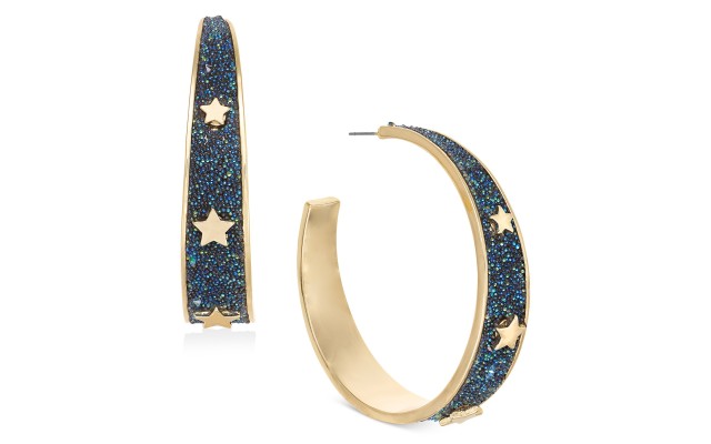  Gold-Tone & Crystal Glitter Star Medium Hoop Earrings, 2″, Blue