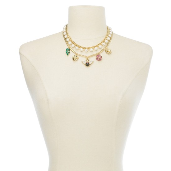  Gold-Tone Crystal & Imitation Pearl Bee Multi-Charm Layered Necklace