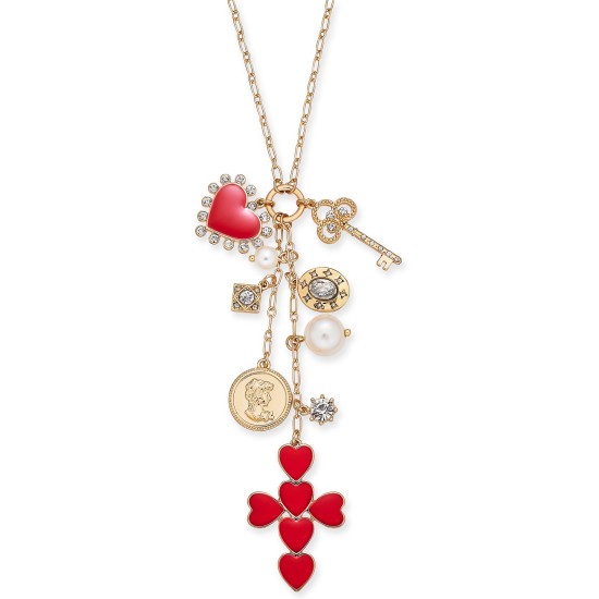 Gold-Tone Crystal & Imitation Pearl Multi-Charm Cross Pendant Necklace, 35″ + 3″ extender,Red