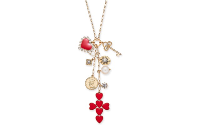 Gold-Tone Crystal & Imitation Pearl Multi-Charm Cross Pendant Necklace, 35″ + 3″ extender,Red