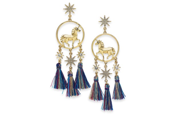  Gold-Tone Crystal Unicorn & Tassel Drop Earrings, Multicolor