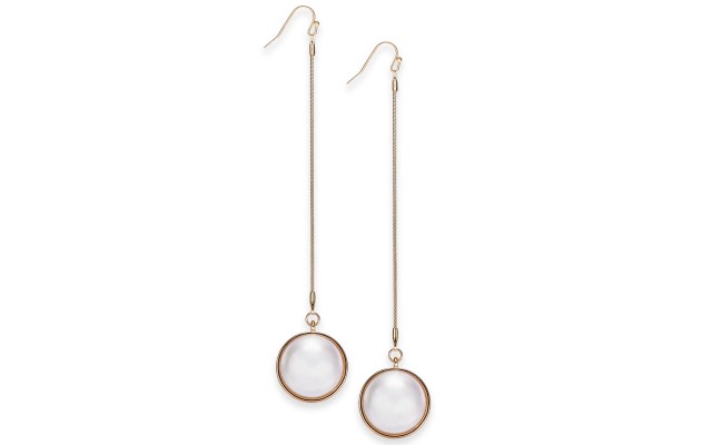  Gold-Tone Imitation Pearl Bezel Chain Drop Earrings, White