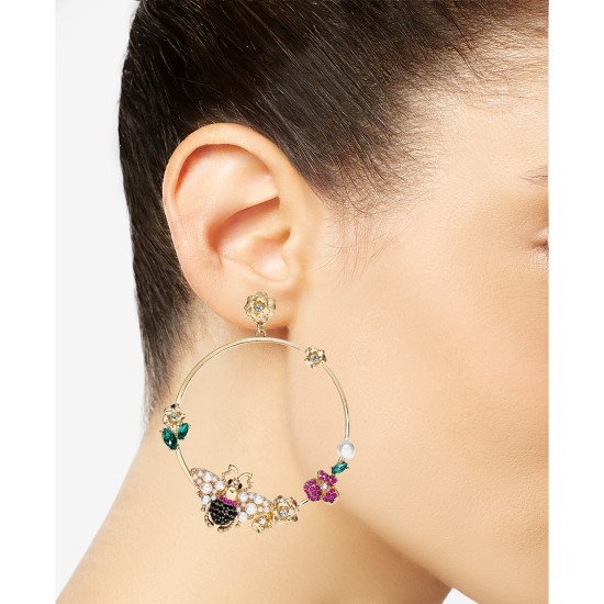  Gold-Tone Imitation Pearl & Crystal Bee and Flower Drop Hoop Earrings